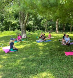 a group of 9 people meditating in shaded field